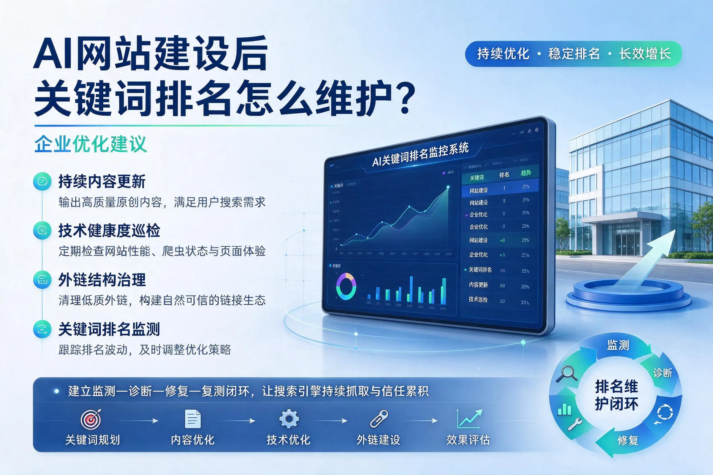 AI网站建设后关键词排名怎么维护?淮安企业优化建议